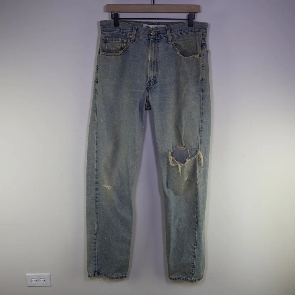Vintage 2005‎ Levis 505 Regular Fit Jeans 33x34 Distressed Light Wash Cotton
